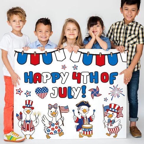 FYSUIMU Happy 4th of July Bulletin Board Decoration Set Patriotic Goose American Flag Paper Cutouts with 200 Pcs Glue Points for Independence Day 250th Anniversary Party Classroom Wall in Kuwait