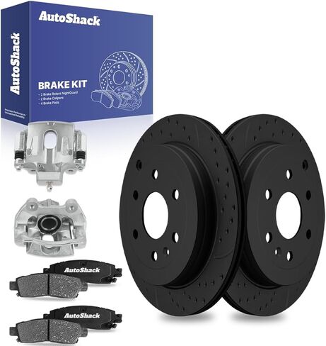 AutoShack Rear Brake Rotors, Ceramic Pads & Calipers for Chevrolet, Traverse 2009-2017, AWD FWD V6 3.6L - E-Coated Drilled & Slotted - Black Finish - NightGuard - 13.03" (331 mm), 6-Lug in Kuwait