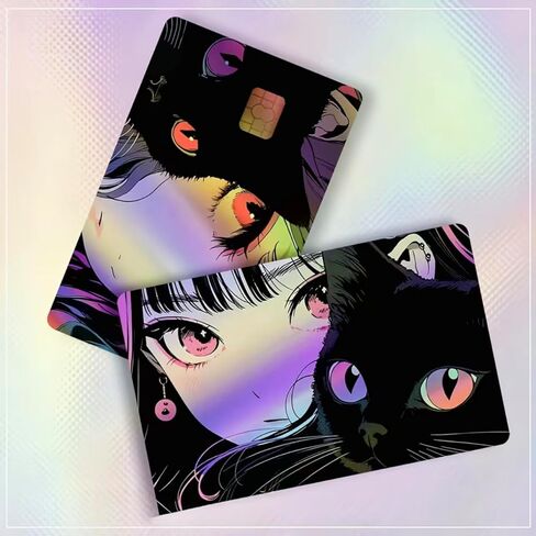 Cute Credit Card Stickers, Cute Credit Card Stickers, Anime Girl Credit Card Sticker, Anime Girl Black cat Credit Card Sticker, Holographic Waterproof Debit Card Protective Film (2) in Kuwait