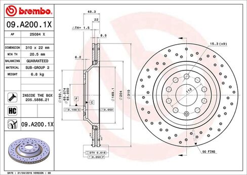 Brembo 09.A200.1X Xtra دوار الفرامل الخلفية المطلي بالأشعة فوق البنفسجية المثقوب AUDI/AUDI (FAW)/CHRYSLER/CUPRA/SEAT/SKODA/VW/VW (FAW)/VW (SVW) OE # 1K0615601N in Kuwait