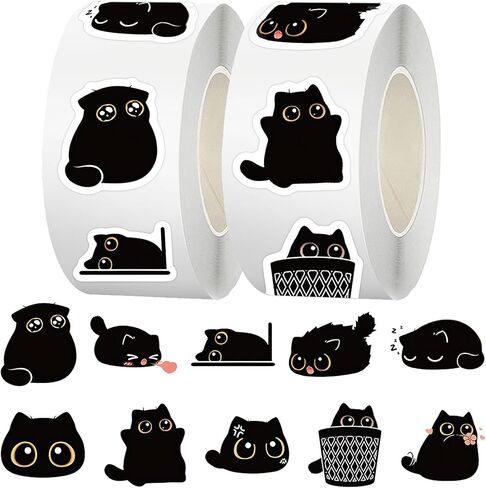1000pcs Black Cat Stickers Rolls, 10 Styles Cute Cartoon Cat Stickers, Teacher Reward Decals, Water Bottles Guitar Skateboard Laptop Scrapbook in Saudi Arabia