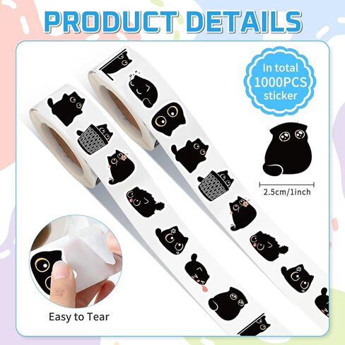 1000pcs Black Cat Stickers Rolls, 10 Styles Cute Cartoon Cat Stickers, Teacher Reward Decals, Water Bottles Guitar Skateboard Laptop Scrapbook in Saudi Arabia