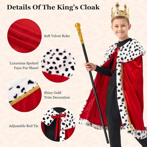 King Costume For Boys Red Royal King’s Cloak with Crown And Scepter Set Luxurious Velvet Cape with Faux Fur Trim in Saudi Arabia