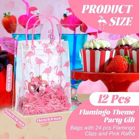 Sweetude Summer Flamingo Gift Bags with Handle Hawaii Tropical Pink Clear Party Favor Birthday Gift Bags Transparent PVC Wrap with Raffia Flamingo Shaped Clips(12 Pcs) in Saudi Arabia