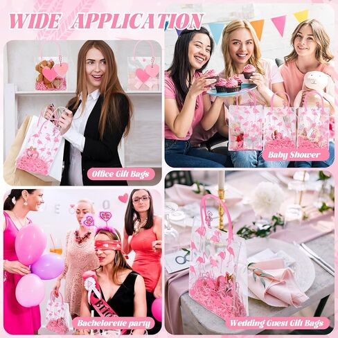 Sweetude Summer Flamingo Gift Bags with Handle Hawaii Tropical Pink Clear Party Favor Birthday Gift Bags Transparent PVC Wrap with Raffia Flamingo Shaped Clips(12 Pcs) in Saudi Arabia