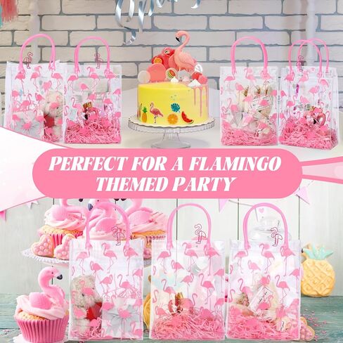 Sweetude Summer Flamingo Gift Bags with Handle Hawaii Tropical Pink Clear Party Favor Birthday Gift Bags Transparent PVC Wrap with Raffia Flamingo Shaped Clips(12 Pcs) in Saudi Arabia