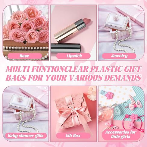 Sweetude Summer Flamingo Gift Bags with Handle Hawaii Tropical Pink Clear Party Favor Birthday Gift Bags Transparent PVC Wrap with Raffia Flamingo Shaped Clips(12 Pcs) in Saudi Arabia