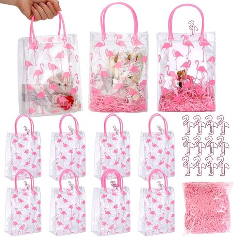 Sweetude Summer Flamingo Gift Bags with Handle Hawaii Tropical Pink Clear Party Favor Birthday Gift Bags Transparent PVC Wrap with Raffia Flamingo Shaped Clips(12 Pcs) in Saudi Arabia