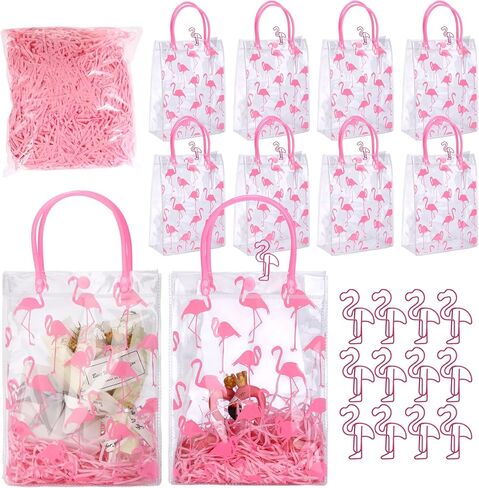 Sweetude Summer Flamingo Gift Bags with Handle Hawaii Tropical Pink Clear Party Favor Birthday Gift Bags Transparent PVC Wrap with Raffia Flamingo Shaped Clips(12 Pcs) in Saudi Arabia