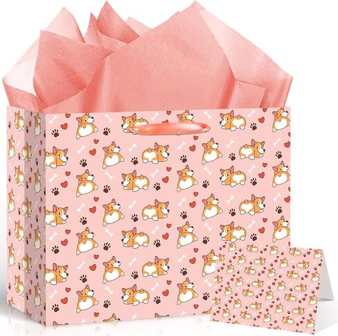 LUUFILx Corgi Birthday Gift Bag for Girls Pink Dog Birthday Decorations Corgi Theme Wrapping Paper with Greeting Card and Tissue Paper Pink Puppy Themed Bday Decorations for Baby Shower Supplies in Kuwait