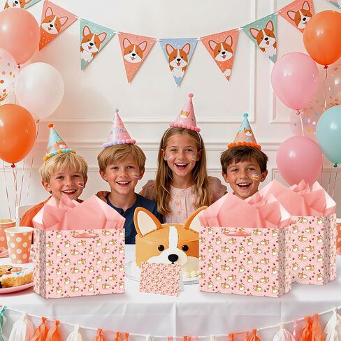 LUUFILx Corgi Birthday Gift Bag for Girls Pink Dog Birthday Decorations Corgi Theme Wrapping Paper with Greeting Card and Tissue Paper Pink Puppy Themed Bday Decorations for Baby Shower Supplies in Kuwait