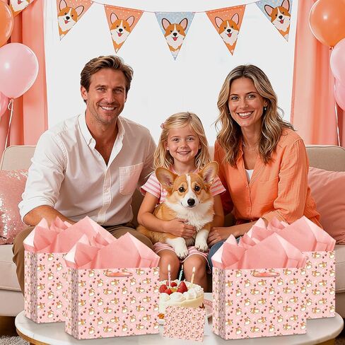 LUUFILx Corgi Birthday Gift Bag for Girls Pink Dog Birthday Decorations Corgi Theme Wrapping Paper with Greeting Card and Tissue Paper Pink Puppy Themed Bday Decorations for Baby Shower Supplies in Kuwait