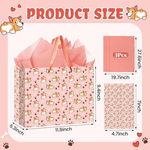 LUUFILx Corgi Birthday Gift Bag for Girls Pink Dog Birthday Decorations Corgi Theme Wrapping Paper with Greeting Card and Tissue Paper Pink Puppy Themed Bday Decorations for Baby Shower Supplies in Kuwait