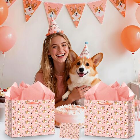 LUUFILx Corgi Birthday Gift Bag for Girls Pink Dog Birthday Decorations Corgi Theme Wrapping Paper with Greeting Card and Tissue Paper Pink Puppy Themed Bday Decorations for Baby Shower Supplies in Kuwait