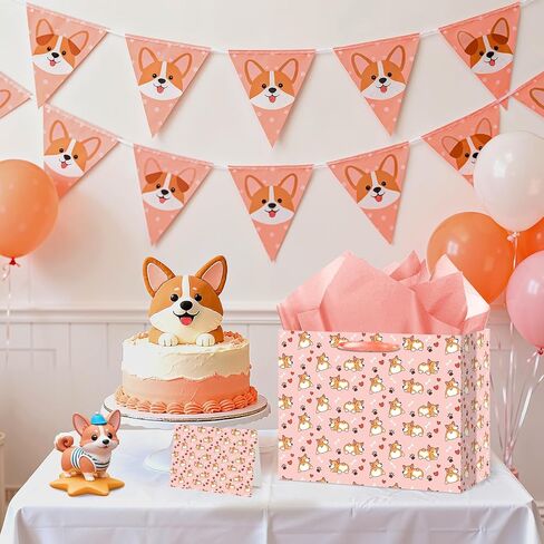 LUUFILx Corgi Birthday Gift Bag for Girls Pink Dog Birthday Decorations Corgi Theme Wrapping Paper with Greeting Card and Tissue Paper Pink Puppy Themed Bday Decorations for Baby Shower Supplies in Kuwait