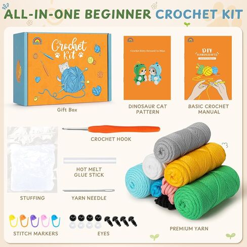 Crochet Kit for Beginners, 2 Pack Dinosaur Cat Crochet Kit, Beginner Crochet Kit for Adults with Step-by-Step Video Tutorials, Complete Animal Crochet Starter Set with Easy Yarn DIY Craft Kit in Saudi Arabia