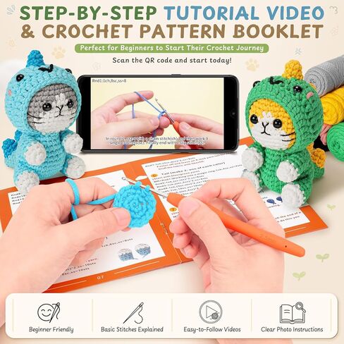 Crochet Kit for Beginners, 2 Pack Dinosaur Cat Crochet Kit, Beginner Crochet Kit for Adults with Step-by-Step Video Tutorials, Complete Animal Crochet Starter Set with Easy Yarn DIY Craft Kit in Saudi Arabia