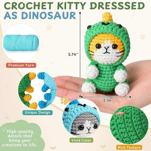 Crochet Kit for Beginners, 2 Pack Dinosaur Cat Crochet Kit, Beginner Crochet Kit for Adults with Step-by-Step Video Tutorials, Complete Animal Crochet Starter Set with Easy Yarn DIY Craft Kit in Saudi Arabia