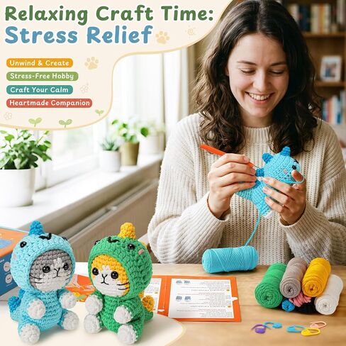 Crochet Kit for Beginners, 2 Pack Dinosaur Cat Crochet Kit, Beginner Crochet Kit for Adults with Step-by-Step Video Tutorials, Complete Animal Crochet Starter Set with Easy Yarn DIY Craft Kit in Saudi Arabia