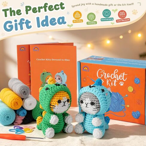 Crochet Kit for Beginners, 2 Pack Dinosaur Cat Crochet Kit, Beginner Crochet Kit for Adults with Step-by-Step Video Tutorials, Complete Animal Crochet Starter Set with Easy Yarn DIY Craft Kit in Saudi Arabia