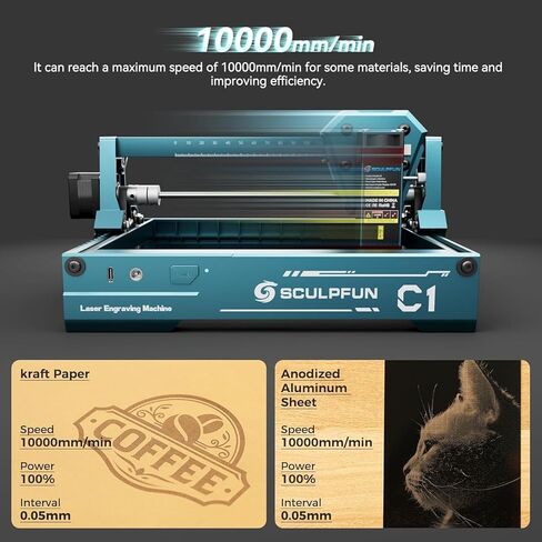 حفارة ليزر صغيرة SCULPFUN C1 مع بكرة دوارة صغيرة SCULPFUN RA، آلة نقش محمولة 3 وات، نقطة فائقة الدقة 0.04 مم، منطقة نقش 150 × 130 مم، تعمل على الخشب والجلود والورق والأردواز in Kuwait