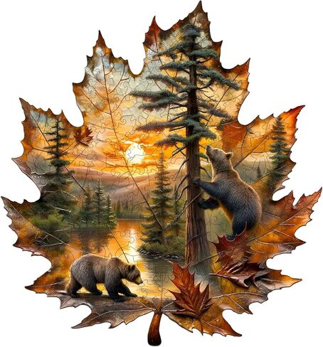 Wooden Puzzles for Adults, Brown Bear Autumn Maple Leaf Wooden Jigsaw Puzzle, Unique Animal Shaped Wood Puzzles Adult,Creative Gifts for Friends/Family/Puzzle Lovers,Home Decor(M-11.4 * 10.6in 155pcs) in Saudi Arabia