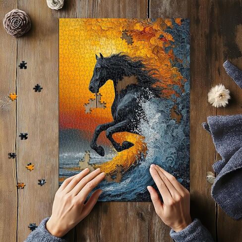 Black Horse Puzzles for Adults 1000 Pieces, Nature Sunset Scenery Puzzle, Galloping Horse Jigsaw Puzzles, Beautiful Animal Oil Painting Puzzles as Home Decor in Saudi Arabia
