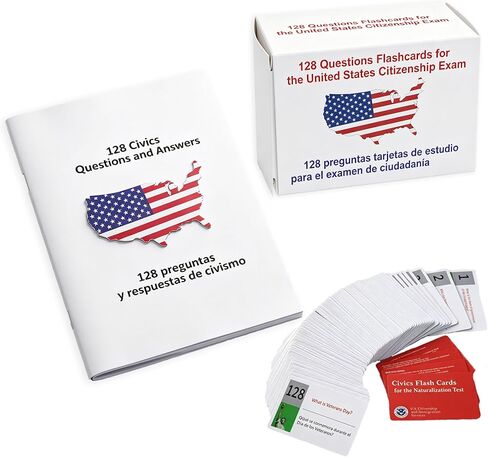 الإعدادية لامتحان المواطنة الأمريكية 2026 - 128 بطاقة تعليمية ثنائية اللغة (الإنجليزية والإسبانية) - دليل دراسة الأسئلة والأجوبة الكامل الخاص بإدارة المواطنة والهجرة في الولايات المتحدة للتدريبات المنزلية أو التنقلات أو المجموعات - تساعدك على اجتياز الاخت in Kuwait