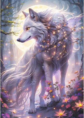 QQYRHN Wolf and Moon Diamond Painting Kits for Adults Beginners, 5D Flowers Diamond Art Kits, DIY Round Full Drill Fantasy Wolf Gem Art with Painting Kits Relaxing Craft for Home Wall Decor 12x16 Inch in Kuwait