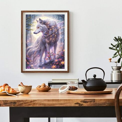 QQYRHN Wolf and Moon Diamond Painting Kits for Adults Beginners, 5D Flowers Diamond Art Kits, DIY Round Full Drill Fantasy Wolf Gem Art with Painting Kits Relaxing Craft for Home Wall Decor 12x16 Inch in Kuwait