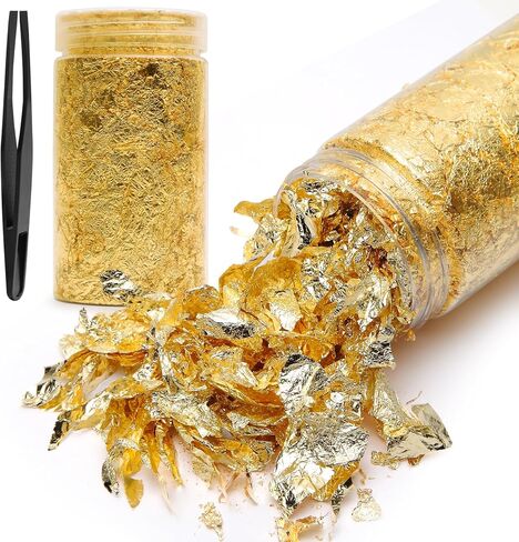 10g Gold Leaf Flakes with Tweezers, Metallic Gold Foil Flakes for Resin, Imitation Gold Leaf for Nail Art, DIY Crafts, Painting, Jewelry Making, Slime and Home Decor in Saudi Arabia