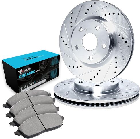 R1 Concepts Front Brake Kit Fits 2014-2021 Tesla S; 2016-2021 Tesla X| Ceramic Brake Pads and Drilled Slotted Brake Rotors| 13.98" Front Rotor in Kuwait