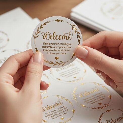Elegant Gold Foil Welcome Stickers, 100 Count, 1.6 inch Round | Premium Thank You Seals for Wedding Favors, Anniversary & Milestone Parties in Saudi Arabia