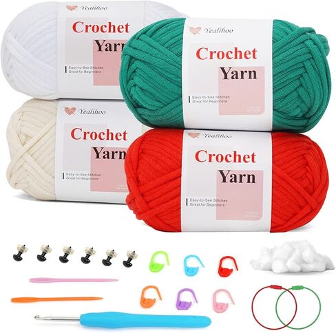 Beginner Yarn for Crocheting, Easy Crochet Yarn for Beginners, 4 Pack × 1.8 oz Amigurumi Yarns, Santa Crochet Kit with Video Tutorials, Easy-to-See Stitches, Thick and Soft, Worsted Medium # 4 in Saudi Arabia