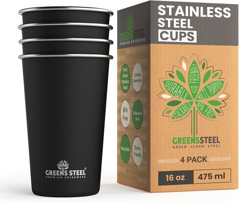 #1 Premium Stainless Steel Cups 16 oz/ 475ml Pint Cup Tumbler (4 Pack) by Greens Steel - Premium Metal Cups - Stackable Durable Cup in Saudi Arabia
