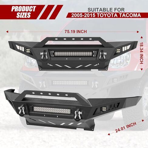 Tacoma Front Bumper Full Width Offroad Bumper for 2005-2011 Tacoma 2nd Gen Pickup Trucks w/o Winch Plate, 120W LED Light Bar, 2 x 39W LED Lights, 2 x D-Rings, Black in Saudi Arabia