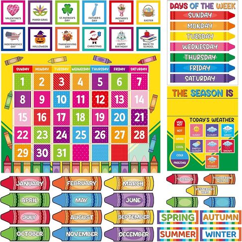 Classroom Calendar Bulletin Board Set Colorful Crayon Birthday Paper Cutouts Schedule Weather Chart Seasons Months Days of the Week Back to School Supplies Kindergarten Preschool Elementary Wall Decor in Saudi Arabia