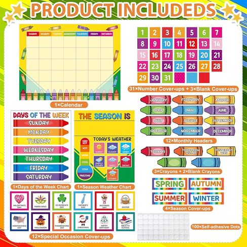 Classroom Calendar Bulletin Board Set Colorful Crayon Birthday Paper Cutouts Schedule Weather Chart Seasons Months Days of the Week Back to School Supplies Kindergarten Preschool Elementary Wall Decor in Saudi Arabia