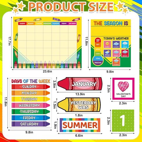 Classroom Calendar Bulletin Board Set Colorful Crayon Birthday Paper Cutouts Schedule Weather Chart Seasons Months Days of the Week Back to School Supplies Kindergarten Preschool Elementary Wall Decor in Saudi Arabia
