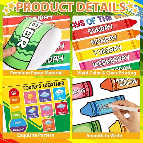 Classroom Calendar Bulletin Board Set Colorful Crayon Birthday Paper Cutouts Schedule Weather Chart Seasons Months Days of the Week Back to School Supplies Kindergarten Preschool Elementary Wall Decor in Saudi Arabia
