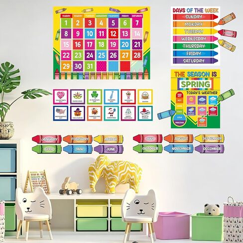 Classroom Calendar Bulletin Board Set Colorful Crayon Birthday Paper Cutouts Schedule Weather Chart Seasons Months Days of the Week Back to School Supplies Kindergarten Preschool Elementary Wall Decor in Saudi Arabia