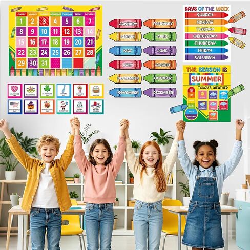 Classroom Calendar Bulletin Board Set Colorful Crayon Birthday Paper Cutouts Schedule Weather Chart Seasons Months Days of the Week Back to School Supplies Kindergarten Preschool Elementary Wall Decor in Saudi Arabia