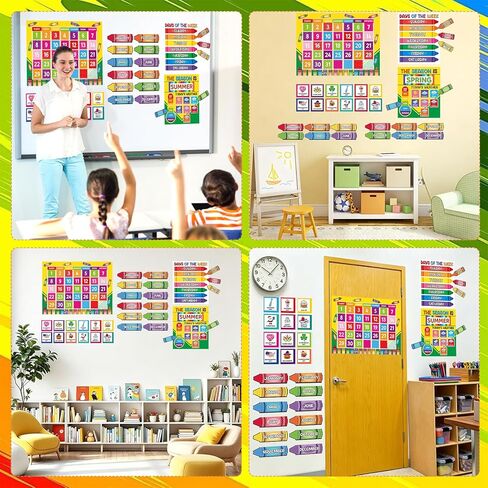 Classroom Calendar Bulletin Board Set Colorful Crayon Birthday Paper Cutouts Schedule Weather Chart Seasons Months Days of the Week Back to School Supplies Kindergarten Preschool Elementary Wall Decor in Saudi Arabia