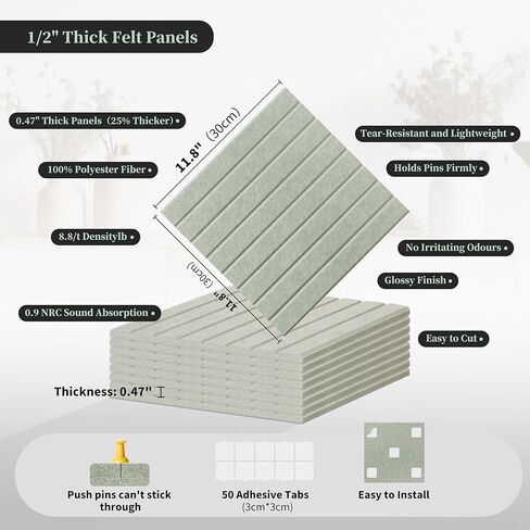 Large Bulletin Board, 48" x 24", 8 Pack Felt Wall Tiles, 1/2" Thick Cork Board for Office with 50 Adhesive Tabs, Felt Wall Panels for Classroom, Commercial Places, Office and Home Decor (Sage) in Saudi Arabia