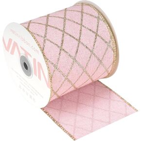 VATIN Pink Gold Wired Ribbon with Gold Argyle Foil Print, 3-1/2-Inch x 10 Yards, with Standard Serged Edges, Thick Ribbon for Tree Skirts, Mantel Decor, Gift Wrapping, Holiday Party Decoration in Kuwait