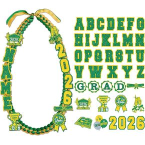 Graduation Lei Class of 2026 - Green Gold Graduation Lei 2026, Double Braided Necklace Ribbon Leis with Grad Letters Pattern, High School College Congrats Grad Gifts Party Supplies in Saudi Arabia