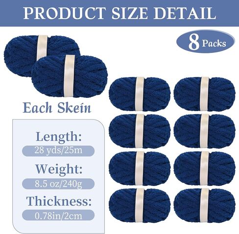 8 Pack Chunky Chenille Yarn for Crocheting, Navy Blue Jumbo Yarn Soft Plush Chunky Blanket Yarn for Hand Knitting, Fluffy Thick Bulky Yarn for Arm Knitting(28 Yds/8.5 Oz Each Skein) in Saudi Arabia