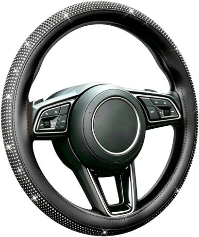 Bling Rhinestone Steering Wheel Cover – Sparkly Artificial Diamond Inlay – Non-Slip Leather Grip – Universal Fit for 14.5"-15" Cars, Pickup Trucks, SUVs, Vans (Black with White Diamonds) in Saudi Arabia