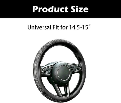 Bling Rhinestone Steering Wheel Cover – Sparkly Artificial Diamond Inlay – Non-Slip Leather Grip – Universal Fit for 14.5"-15" Cars, Pickup Trucks, SUVs, Vans (Black with White Diamonds) in Saudi Arabia