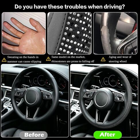 Bling Rhinestone Steering Wheel Cover – Sparkly Artificial Diamond Inlay – Non-Slip Leather Grip – Universal Fit for 14.5"-15" Cars, Pickup Trucks, SUVs, Vans (Black with White Diamonds) in Saudi Arabia